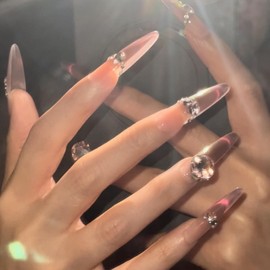 Glossy Fake Nails Charming Long Champagne-Colored,Dazzling Stick On Nails That Embellish The Hand Shape And Easy To Wear Party Nails (ChampagneL, Short)