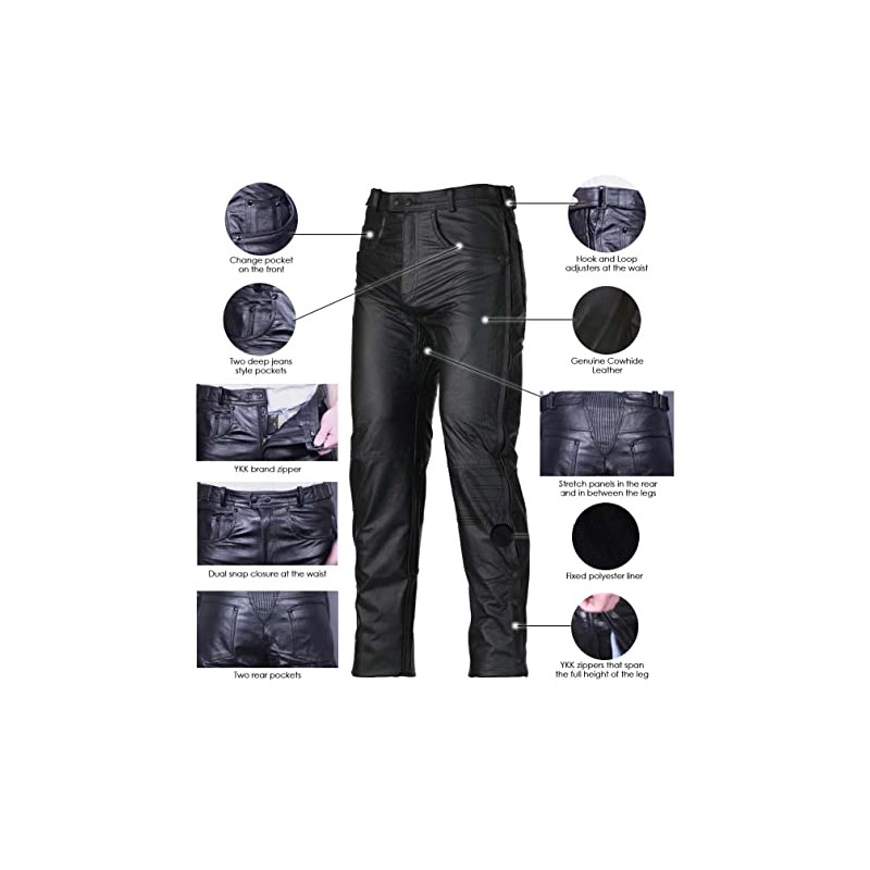 Vance Leather Men's Black Premium Leather Motorcycle Overpants with Side