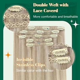 Easyouth Clip in Human Hair Extensions Highlights Thick Human Hair Clip in Extensions Ash Blonde Highlights Bleach Blonde Clips on Hair Extension for Women 22Inch 120G 7Pcs