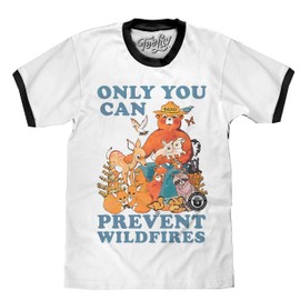 Tee Luv Men's Smokey Bear T-Shirt - Only You Can Prevent Wildfires Ringer Shirt, White/Black, L