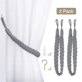 Set of 2 Lewondr Curtain Tiebacks Braid Rope Tiebacks Easy to Install with Hooks, Light Gray