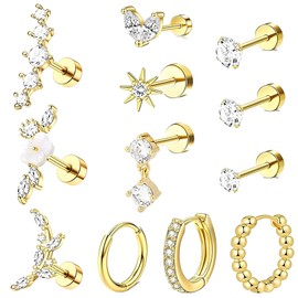 Set of 12 Earrings, Helix Piercings, Gold, Women's Forward Helix Piercing, Simple and Beautiful, Suitable for Ear Nail Boats, Earrings, Tragus Punctures and Ear Accessories (Golden)