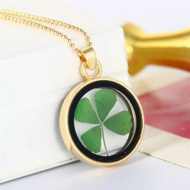Leaf Natural Real Dried Clover Flower Clear Resin Locket Pendant Necklace Four-Leaf