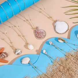 PH PandaHall 8 Styles Natural Seashell Scallop Conch Pendant Necklace Inlaid with Gold Rim Adjustable Sea Shell Necklace Unique Ocean-Inspired Handcrafted Jewellery Gift for Women