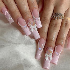 24 Pcs Long Coffin Press on Nails Full Cover Coffin Fake Nails Nude Pink Acrylic False Nails with Pearl bow Design French Tip Press on Nails Glossy Glue on Nails Stick on Nails for Women Girls