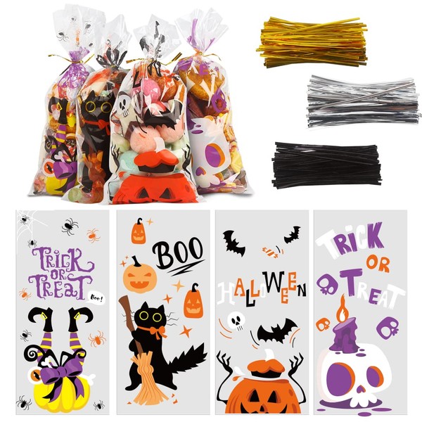 KIMOBER 160PCS Halloween Candy Treat Bags,Cellophane Goodies Bags with Twist Ties for Halloween Party Favor Supplies