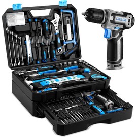 Tool Set: Tool Kit with 12V Cordless Drill, Hand Toolbox with storage case, Mechanic Tool set for Home Repairs, Blue