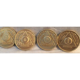 wendells 1st Year Set of 5 AA Medallions - Month 1 3 6 9 and 1 Year All Bronze Alcoholics Anonymous Sobriety Chips