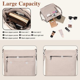 Gladdon Handbags for women, women's handbag, shoulder bag women's medium, crossbody bag, leather handbags, multi pocket bag, shoulder bag with wide shoulder straps, jacquard fabric, beige, M