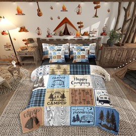 Erosebridal Happy Camping Bedding Set Queen Rv Camper Comforter Set 7 Piece for Travel Trailers Bunks,Rustic Buffalo Plaid Pine Trees Camper Car Decor Bed in A Bag Rv Accessories for Inside Bed Set