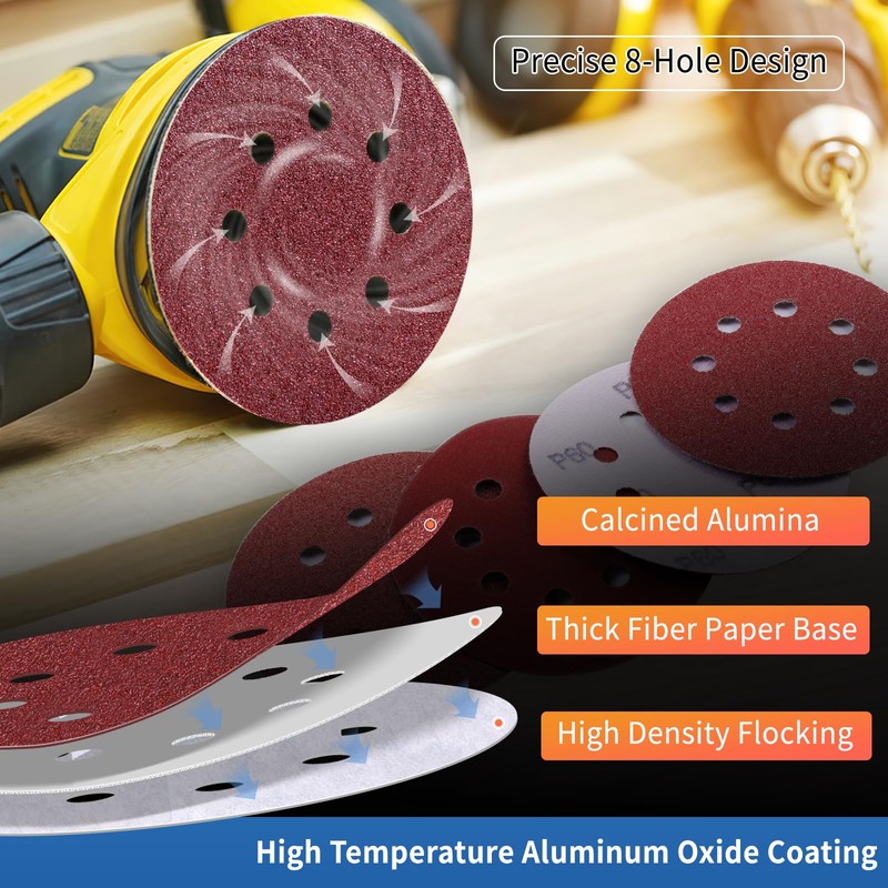 100Pcs 125mm Sanding Discs 400 Grit 8-Holes Hook and Loop