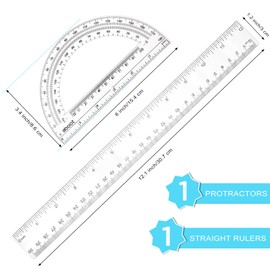 Zonon 2 Pack 12'' Plastic Ruler and 6'' Plastic Protractor Set Clear Ruler Protractor Set Math Geometry Supplies for School Classroom Home Office Drawing(Clear)
