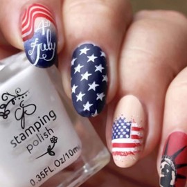 Satr Press on Nail Amlond Independence Day Press Nail Medium 4th July Fake Nail Blue Red Acrylic Nail-Nail Art Decoration Supplies for Women Girls Sticker on Nail with Glue Acrylic False Nail Kits