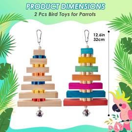 DBNESS Bird Toys, 2 Pcs 12.6in Parrot Chewing Toys for Beak Grinding and Colorful Natural Wooden Block Bird Cage Accessories for Medium Cockatiels African Greys Senegals Amazons