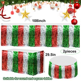 2PCS Christmas Table Skirt, Wavy Metallic Tinsel Foil Fringe Table Skirt Red White and Green Shiny Table Skirt Disposable Xmas Table Skirt Christmas Party Supplies Table Decorations 30 X 108 Inch