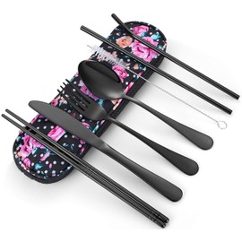 Travel Utensils,Reusable Silverware Set to Go Portable Cutlery Set with a Waterproof Carrying Case for Lunch Boxes Workplace Camping School Picnic (FlowerCase/Black)