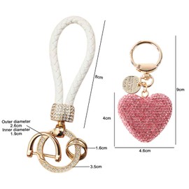 Ormromra Heart Key Fob, Car Key Fob, Glitter Keychain with Glittering Rhinestones, Leather Key Ring with Anti-Lost D Ring, Rhinestone Keyring for Women, White powder