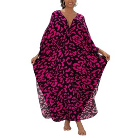 IMAGEKOPE Women's Plus Size Animal Print V-Neck Batwing Kaftan Beach Dress Bathing Suit Cover-Up Loungewear, Black Red Leopard, One Size