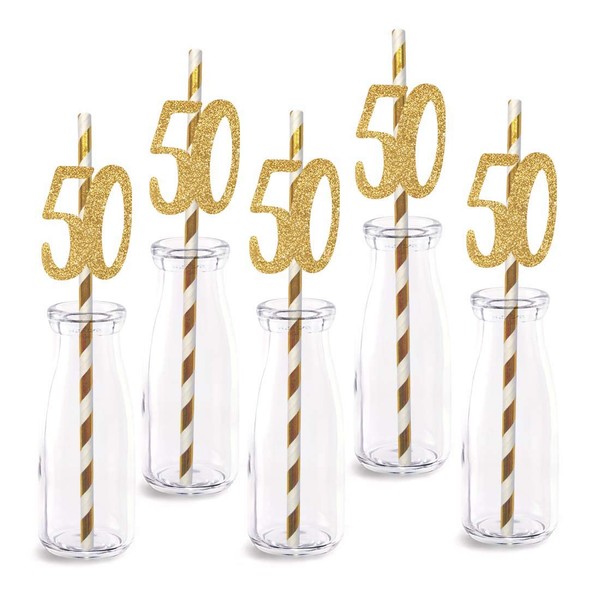50th Birthday Paper Straw Decor, 24-Pack Real Gold Glitter Cut-Out Numbers Happy 50 Years Party Decorative Straws