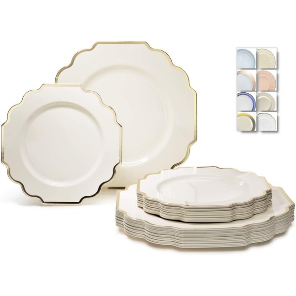 " OCCASIONS" 50 Plates Pack (25 Guests)-Heavyweight Wedding Party Disposable Plastic Plate Set -(25 x 10.5'' Dinner + 25 x 8'' Salad/Dessert) (Imperial Ivory & Gold)