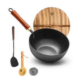 WANGYUANJI Iron Wok 8.7 Inch Deep Frying Skillet with Wooden Lid – Versatile Flat Bottom Stir-Fry Pan, Chemical-Free & Induction Compatible, Ideal Wrought Iron Small Wok for Home, Chef & Pro Use