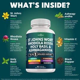 NEW AGE St Johns Wort, Rhodiola Rosea, Holy Basil, Ashwagandha - Support for Women and Men with Vitamin C & Black Pepper Extract - 60 Count