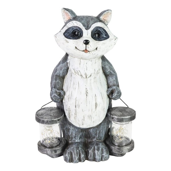 Garden Sculpture, Raccoon Solar Garden Statue with 2 Jars, 16