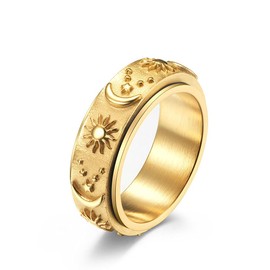 SeiMios Fidget Ring for Anxiety Stainless Steel Gold Sun Moon Star Spinner Ring for Men/Women Size 12
