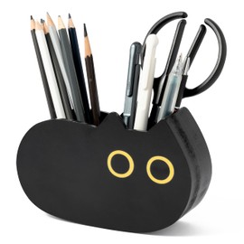 MALLMALL6 Black Cat Pencil Holder - Back to School Wooden Pen Holder, 2 Compartments Kitten Shaped Caddy Case Gifts for Kid Students Pet Lover, Desktop Storage Organizer for Classroom Office Decor