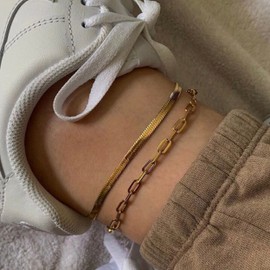 Nawflue Ankle Bracelets for Women 14k Gold Plated Waterproof Layered Cuban Figaro Fishbone Paperclip Link Chain Summer Beach Foot Chain Anklets Set Gold Anklets Jewelry Gift Adjustable Size