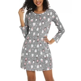 ENJOYNIGHT Women's Long-Sleeved Cotton Sleep Shirt, Print Sleepshirt, Sleepwear, Nightdress, penguin