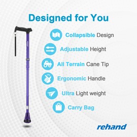 Rehand All Terrain Walking Cane, Colorful Foldable Walking Sticks for Seniors & Adults, Pivot Tip and Heavy Duty Mobility Aid, Collapsible Cane for Men & Women (Romance Purple)