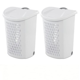 Wheeled Laundry Hamper with Handle, 2 Bushel Plastic Rolling Clothes Basket with Lid, Laundry Baskets,Ventilated Design for Bedroom Bathroom Dorm, White Storage Organizer on Wheels, 2 Pack