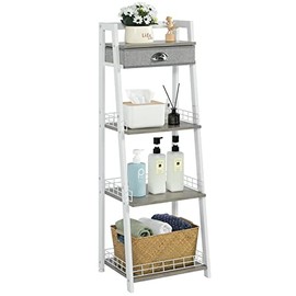 4-Tier Bathroom Ladder Shelf, Bathroom Floor Storage Shelf with Drawer, Freestanding Tower Shelf, Open Shelving Unit for Bathroom Living Room Balcony(White)