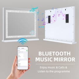 Fenair Vanity Mirror with Lights and Bluetooth Speaker 22.8* 18.1’ Hollywood Mirror with Crystal Light Strip Makeup Mirror, 3 Color LED Mirror USB Charging Port, 10X Magnification, Smart Touch, White