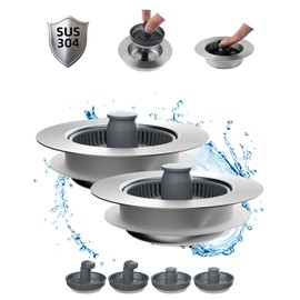 Hibbent 2 Pack Upgraded 3 in 1 Kitchen Sink Drain Strainer and Stopper Combo, Stainless Steel Metal Pop Up Sink Stopper, 6 Anti-Clogging Basket Strainers with Handle for US Standard 3-1/2 Inch Drain