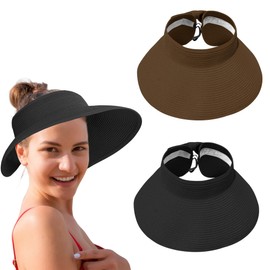 NICOLA Womens Straw Hats, 2Pcs Adjustable Sun Visor Hat, Wide Brim Foldable Beach Hat for Travel Holidays Days Out (UK, Alpha, One Size, Standard, Black, Brown)