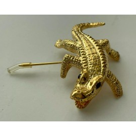 Unbranded Alligator Crocodile Lizard Gold Tone Metal Brooch Pin Black Eyes New 2" Long