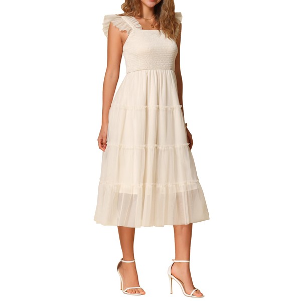 Allegra K Women's Summer Midi Tulle Dress Sleeveless Smocked Square