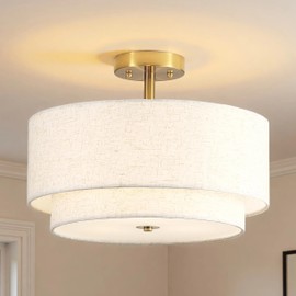 QHANTOMIZE 16" Semi Flush Mount Ceiling Light Fixture, 3-Light Black Flush Mount Ceiling Light with Double Drum Fabric Shades for Dining Room Bedroom Kitchen Hallway Living Room, E26 Socket