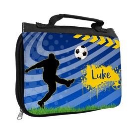 Toiletry Bag with Name and Football Motif for Boys | Toiletry Bag with First Name | Wash Bag for Children, black, hatch