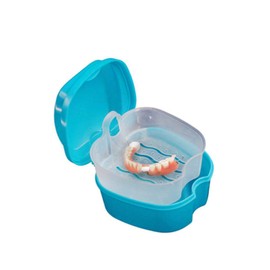 Denture Box with Strainer, Portable False Teeth Storage Container, Orthodontic Dental Retainer Box Denture Cleaning Kit for Travel, Retainer Cleaning(Light Blue)