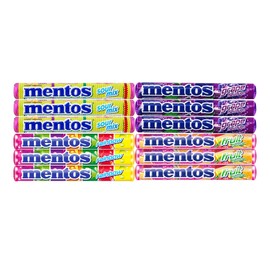 Chewy Mint Dragees Candy Roll - Party Pack 4 Types Colorful Flavor Fruity Total of 12 Rolls Crunchy Non Melting Fruit Rainbow Sourmix and Grapes