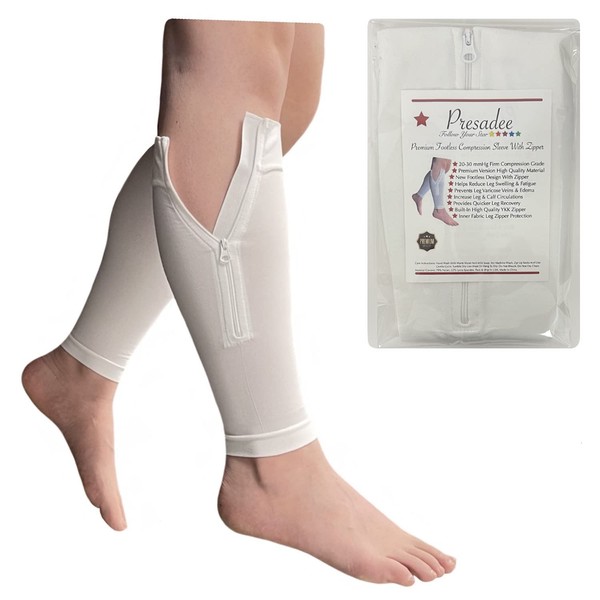 Presadee Premium White Footless 20-30 mmHg Compression YKK Zipper Shin