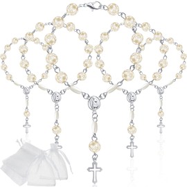 Pack of 20 Christening Rosary Mini Acrylic Rosary Beads Party Bag Rosary White Beads Chains with Bag for Christening Communion Baby Shower Party (Silver)