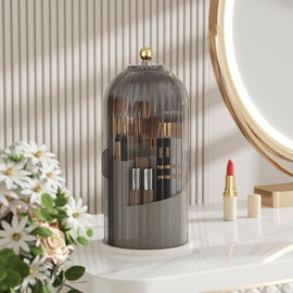 Growsun Rotating Makeup Brush Holder Organizer with Lid 360°Spinning Waterproof Makeup Organizer Countertop Cute Cosmetics Organizer for Vanity Bathroom, Grey White