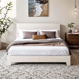 SHA CERLIN Upholstered Full Size Bed Frame with Adjustable Headboard, Stable Mattress Foundation, Strong Back-Support, No Box Spring Needed, Off-White