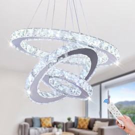 Cainjiazh Chandelier LED Crystal Chandelier Lighting Dimmable LED Chandeliers Modern Ceiling Light Fixture 3 Rings Adjustable Stainless Steel Pendant Light for Bedrooms Living Room