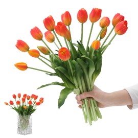 dallisten 15PCS Artificial Tulips Real Touch Orange Faux Latex Flowers Lifelike Fake Tulip Bouquet Flowers Arrangements for Wedding Home Kitchen Garden Table Party Decoration