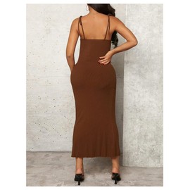 OYOANGLE Women's Maternity Drawstring Front Cami Dress Ribbed Knit Bodycon Midi Dresses Brown Medium